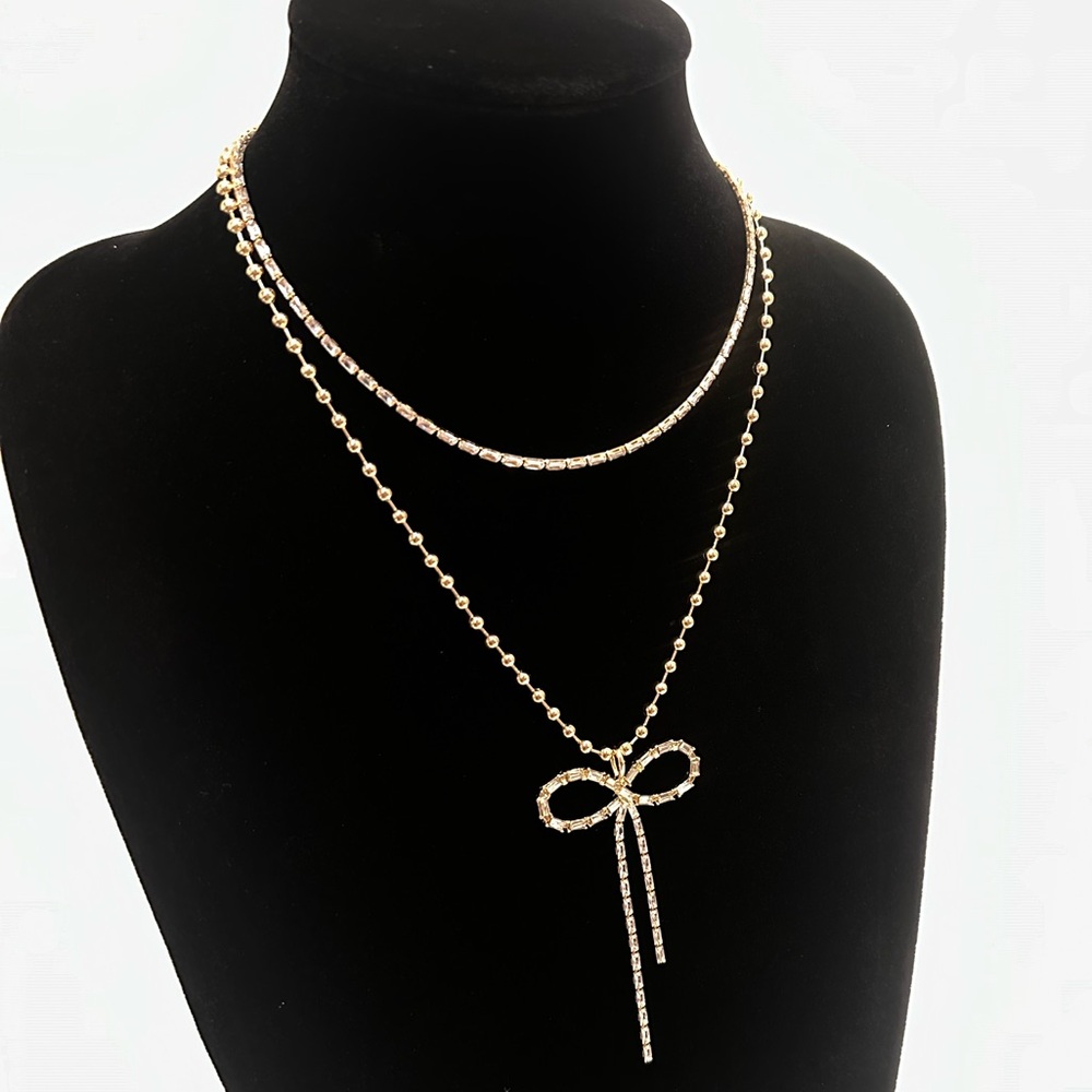 EXPRESS Gold & Baguette Rhinestone/Crystal Bow Layered Necklace NWT - Picture 6 of 14
